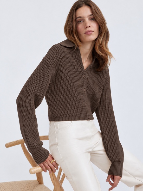 Wilfred Sweaters - Wilfred Nextdoor Cardigan | Dark Brown Cropped Button-Front Collared Knit